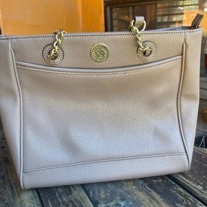 Anne Klein Cream Medium Tote Bag Gold Chain Strap Pebble Leather Polka Dot Lined